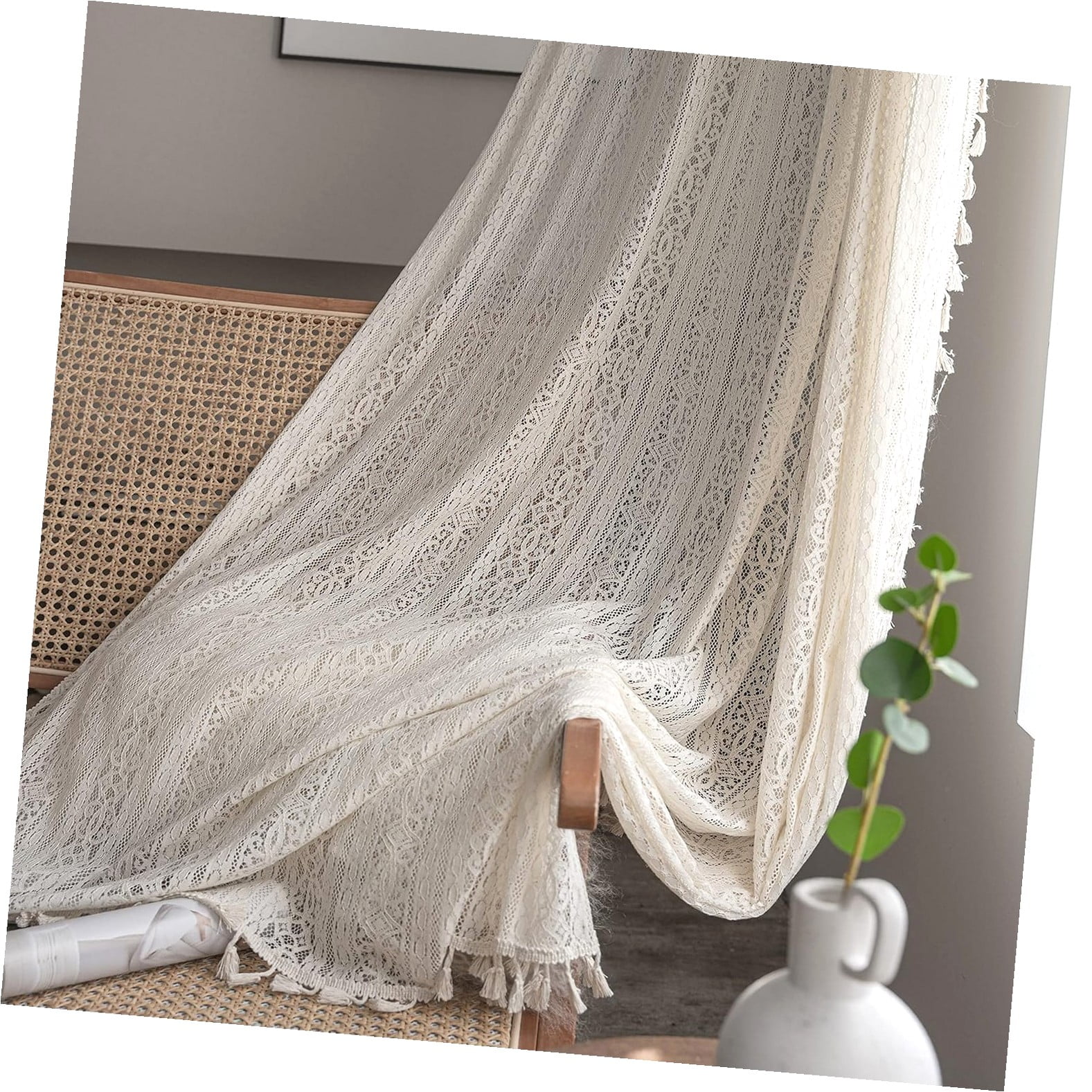 KGORGE Boho Sheer Curtains - 2 Panels, 52x84 Inch, Jacquard Weave With Tassel Trim