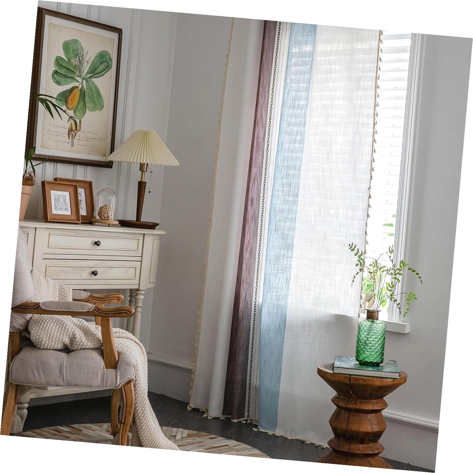 INK+IVY NEA 100% Cotton Curtain Panel, 50x84", Boho Stripe With Tassel Trim, Rod Pocket, Off White/Gray
