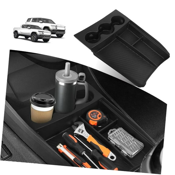 Highcool Lower Center Console Organizer Tray with Drink Cup Holder with R1T/R1S for Rivian R1T R1S 2022 2023 2024 Console Storage Box Interior