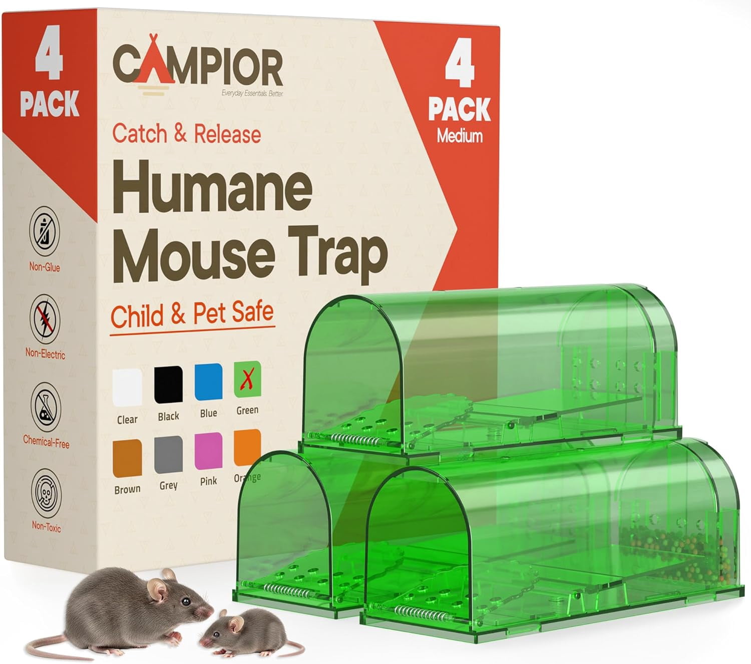Campior Humane Mouse Trap Pack of 4, Live Catch & Release, Indoor/Outdoor, Pet & Child Safe, Reusable Plastic Cage, Green