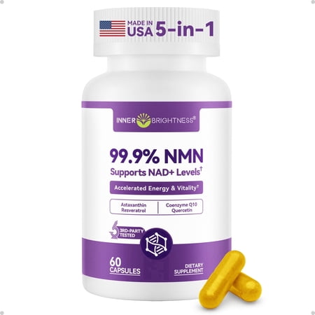 Inner Brightness NMN 500mg NAD+ Precursor Dietary Supplement, 99.9% Pure NMN 5-in-1 Blend for Cellular Energy & Healthy Aging, 60 Count