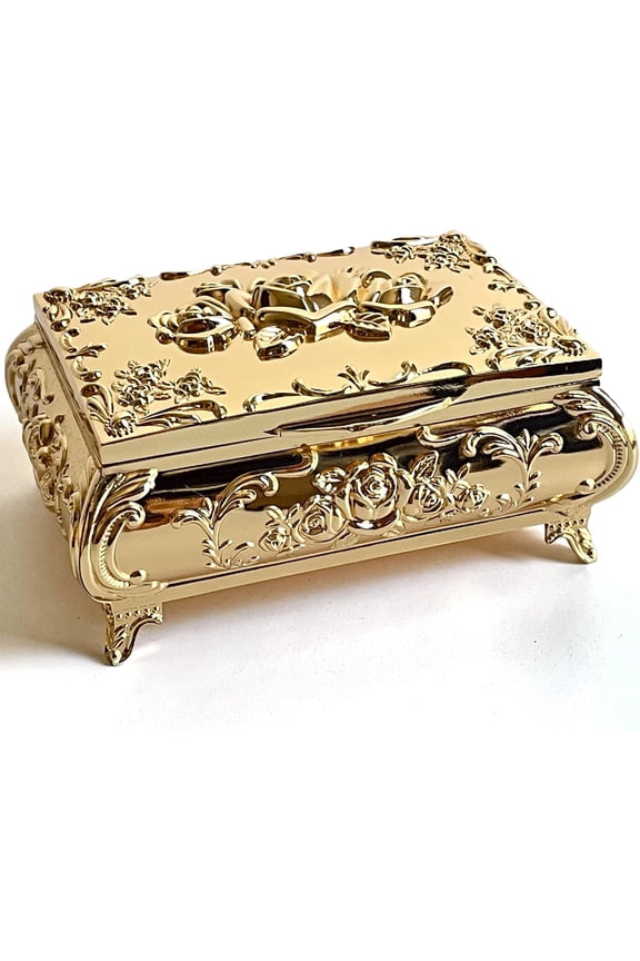 Rectangular Jewelry Box, Rose Metal Jewelry Chest, Bracelet Necklace Earrings Storage Case for (Golden, Small)