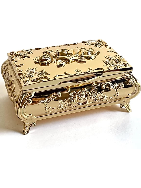 Rectangular Jewelry Box, Rose Metal Jewelry Chest, Bracelet Necklace Earrings Storage Case for (Golden, Small)