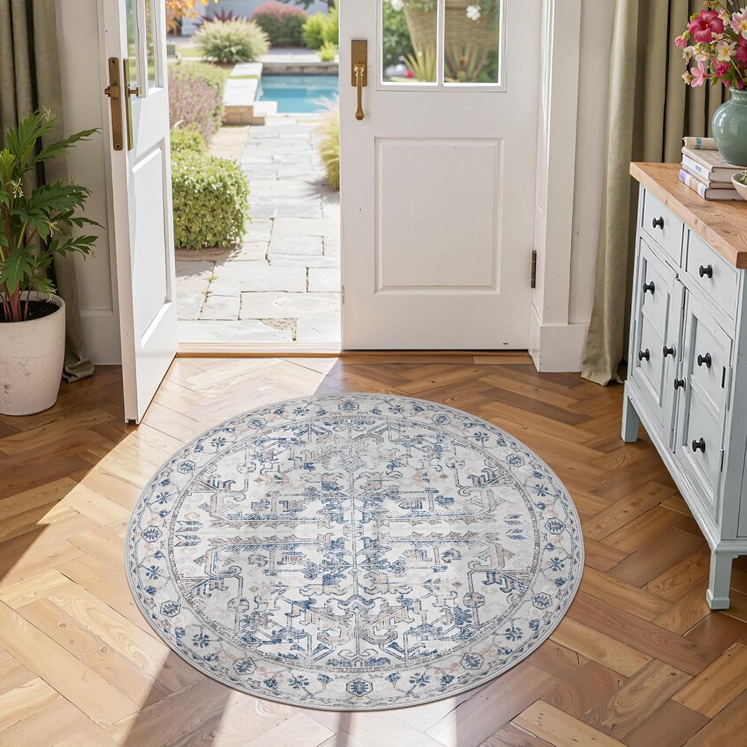 Highcool Round Rug 4ft Machine Washable Area Rug Kitchen Indoor Circle ...