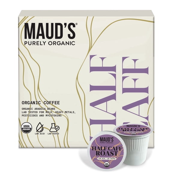 Maud's Purely Organic Low Acid Half Caff Medium Roast Coffee Pods  Swiss Water Process  16ct | Lab Tested for Mold, Mycotoxins, Heavy Metals & Pesticides | Compatible with Keurig K Cup Maker