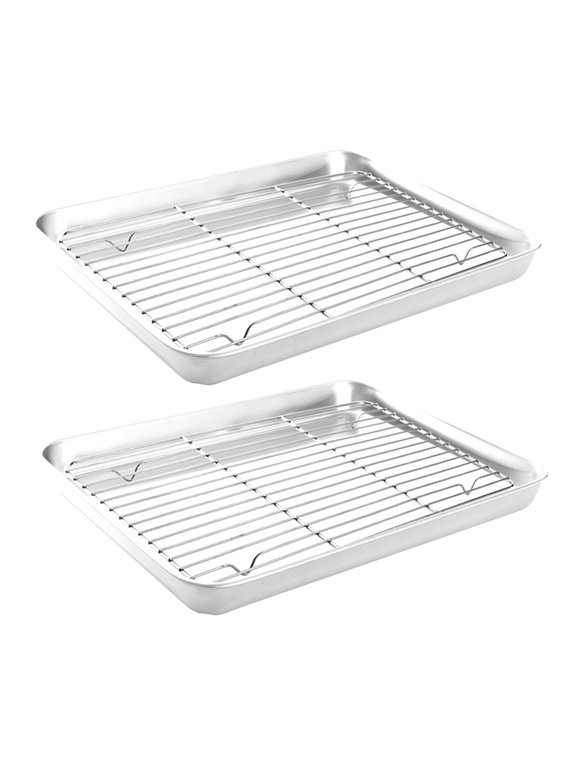Small Deep Cookie Baking Sheet Pans with Wire Rest Racks Set 18/8 (304) Steel Tiny Serving Trays 10.4 8.1 1.1 Inch for 1~2 Persons 2 Pans