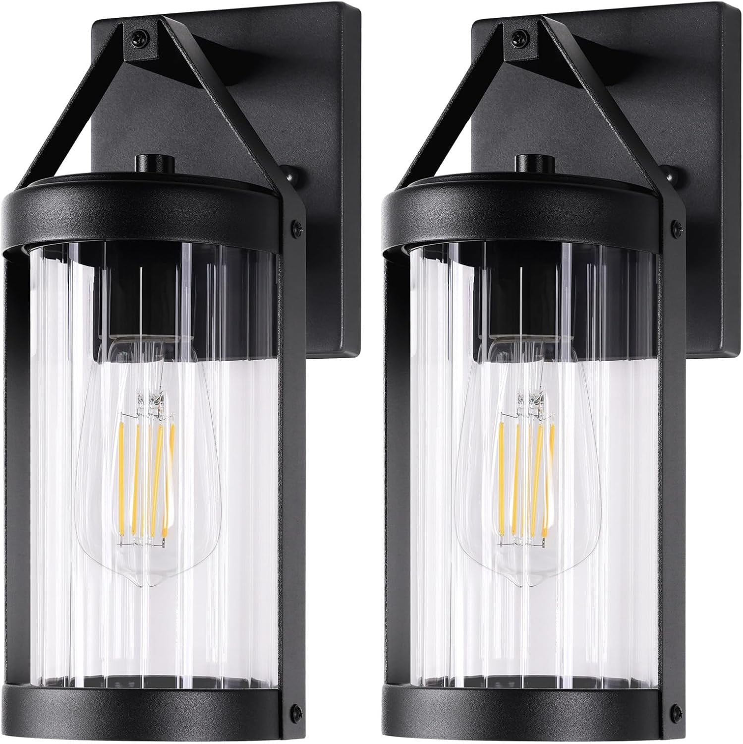 2-Pack Water-Resistant Matte Black Outdoor Wall Lanterns with Clear Ribbed Glass