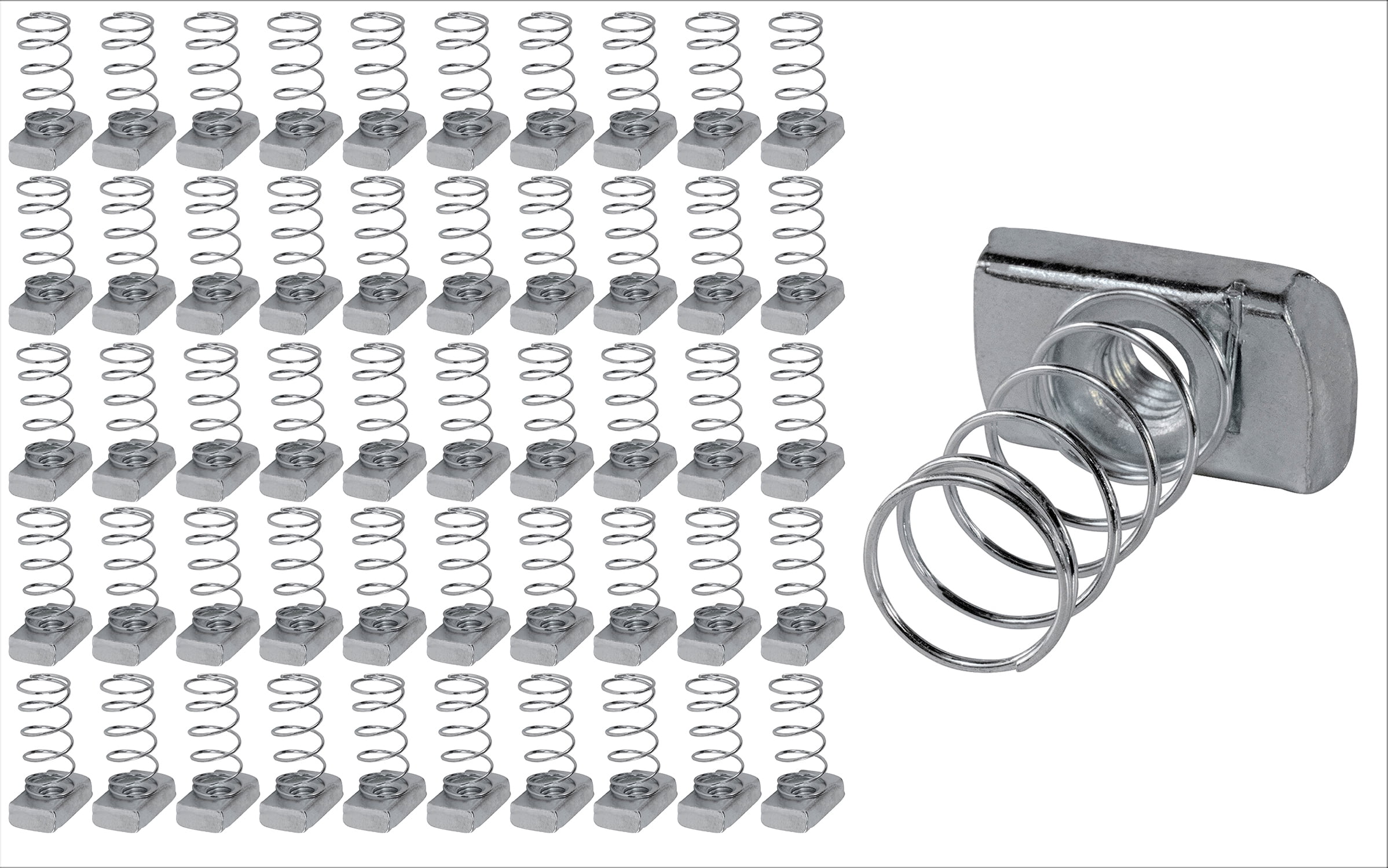 Highcraft 3/8" X 1-3/8" Threaded Strut Channel Nuts W/ Long Spring, Steel 50 Pk