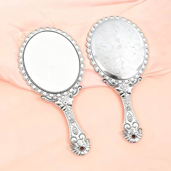 Highdefinition Handheld Makeup Mirror with Vintage Floats Design, Lightweight Portable Classic Travel Handle Mirror for Women Face Makeup Party Desk Carry Accessories(Silver)