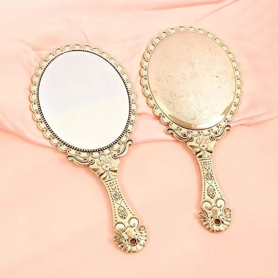 Highdefinition Handheld Makeup Mirror with Vintage Floats Design, Lightweight Portable Classic Travel Handle Mirror for Women Face Makeup Party Desk Carry Accessories(Gold)