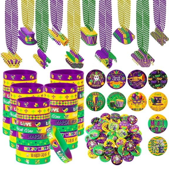 Highergo 150 Pcs Mardi Gras Party Favors Set 50 Mardi Gras Button Pins Badges 50 Carnival Bead Necklaces 50 Silicone Bracelets for Carnival Festival Party Supplies Y101