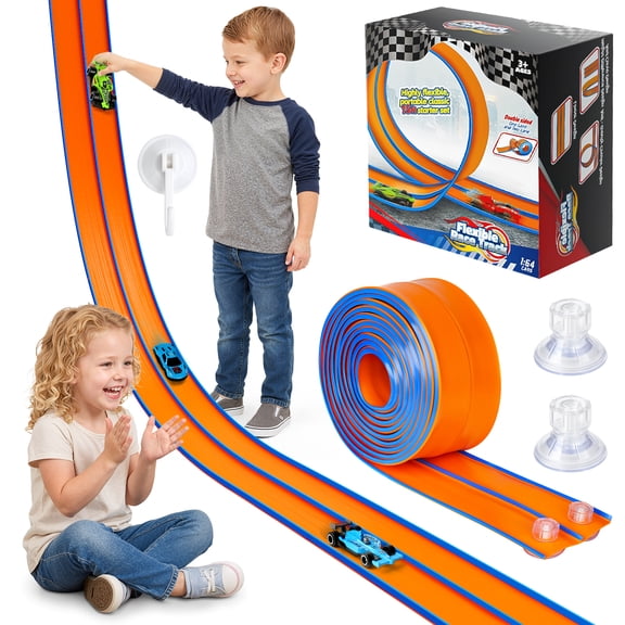 Hope wood Flexible 15FT Race Track for Kids, Portable & Foldable, Bendable Race Track with Suction Cups, Indoor/Outdoor Toy, Compatible with Most 1:64 Toy Cars, Gift for Boys & Girls