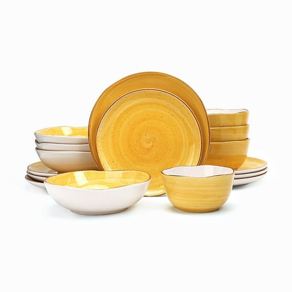 Highland 16-Piece Dinnerware Set Service for 4, Organic Shape Stoneware Plates and Bowls Set, Scratch Resistant, Microwave and Dishwasher Safe, Speckled Effect Handcrafted, Swirl Yellow