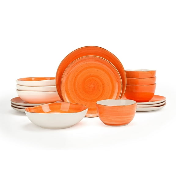 Highland 16-Piece Dinnerware Set Service for 4, Organic Shape Stoneware Plates and Bowls Set, Scratch Resistant, Microwave and Dishwasher Safe, Speckled Effect Handcrafted, Swirl Orange