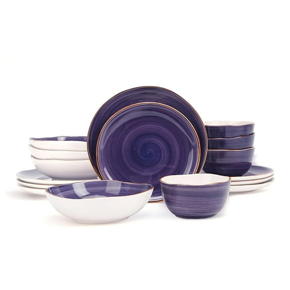 Highland 16-Piece Dinnerware Set Service for 4, Organic Shape Stoneware Plates and Bowls Set, Scratch Resistant, Microwave and Dishwasher Safe, Speckled Effect Handcrafted, Swirl Purple
