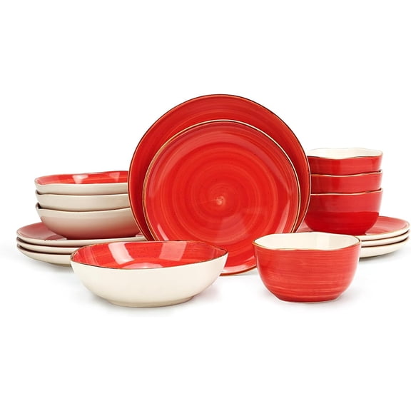 Highland 16-Piece Dinnerware Set Service for 4, Organic Shape Stoneware Plates and Bowls Set, Scratch Resistant, Microwave and Dishwasher Safe, Speckled Effect Handcrafted, Swirl Red