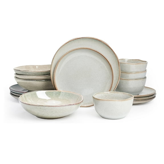 Highland 16pc Dinnerware Set, Unique Organic Shape Double Bowl, Stoneware Plate & Bowl Dish Set Service For 4, Scratch Resistant, Microwave & Dishwasher Safe, Natural Reactive Glaze, Grey