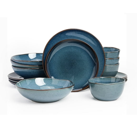 Highland 16pc Dinnerware Set, Unique Organic Shape Double Bowl, Stoneware Plate & Bowl Dish Set Service For 4, Scratch Resistant, Microwave & Dishwasher Safe, Natural Reactive Glaze, Blue