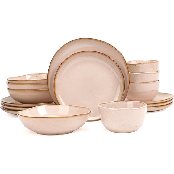 Highland 16pc Dinnerware Set, Unique Organic Shape Double Bowl， Stoneware Plate & Bowl Dish Set Service For 4, Scratch Resistant, Microwave & Dishwasher Safe, Natural Reactive Glaze, Pink