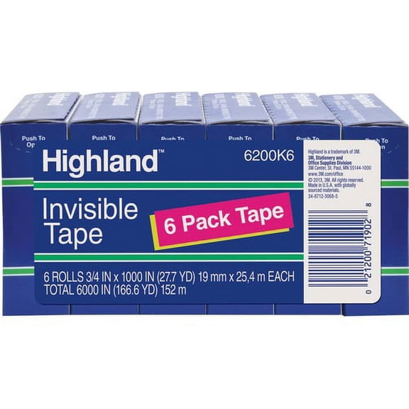 Highland 3/4"W Matte-finish Invisible Tape - 27.78 yd Length x 0.75" Width - 1" Core - 6 / Pack - Matte Clear | Bundle of 10 Packs