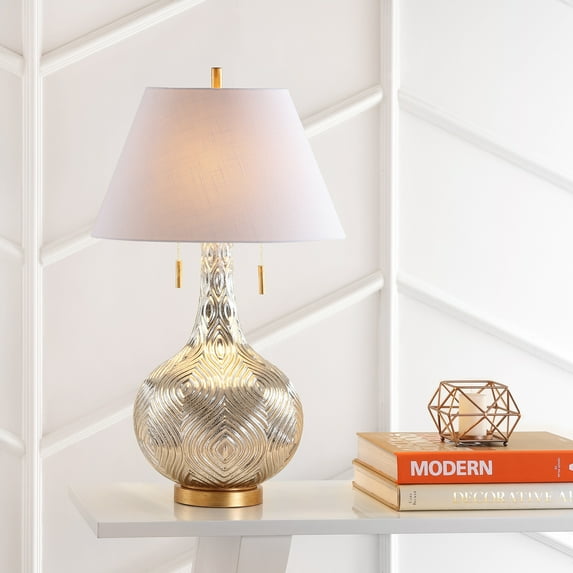 JONATHAN Y Highland 30.75" Gourd Glass LED Table Lamp, Mercury Silver/Gold, JYL6206A