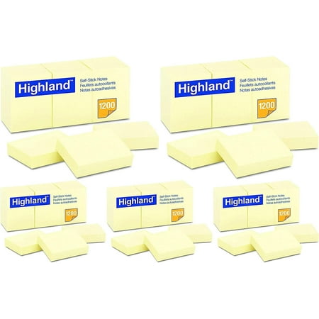 Highland 6539YW Self-Stick Notes, 1 1/2 x 2, Yellow, 100-Sheet 5 Pack of 12