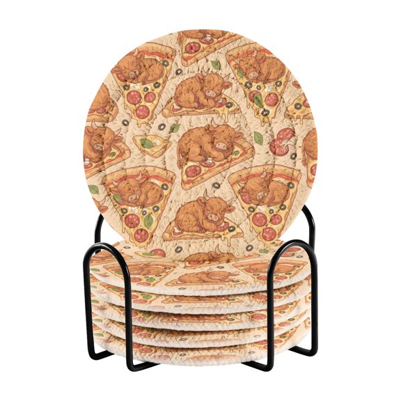 Highland Beef Pizza Pattern Bar Coasters 6 Pack Braided Coasters with Holder Absorbent Heat Resistant