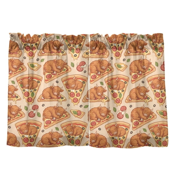 Highland Beef Pizza Pattern Tier Curtain Set of 2 Kitchen Curtains 27x36 Inch Privacy Semi Sheer