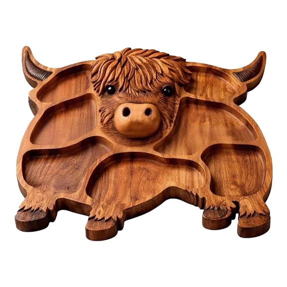 Highland Beef Wood Deli Platter, Rustic Farmhouse Style, Made of Natural Solid Wood, with Dividers for Cheese, Meat And Snacks.