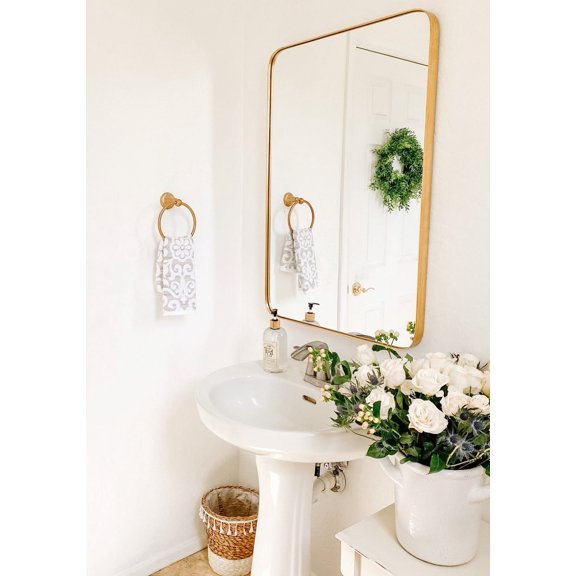 Highland Brushed Gold 24" x 36" Rounded Corner Mirror, Rectangular Framed Wall Mirror, Vanity Mirror, Multiple Finishes