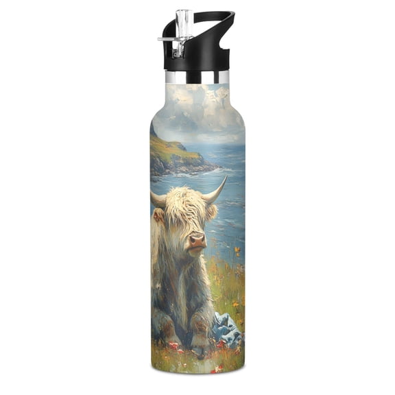 Highland Bull Wave 20oz Vacuum Insulated Stainless Steel Water Bottle BPA-Free Leak Proof Straw Lid