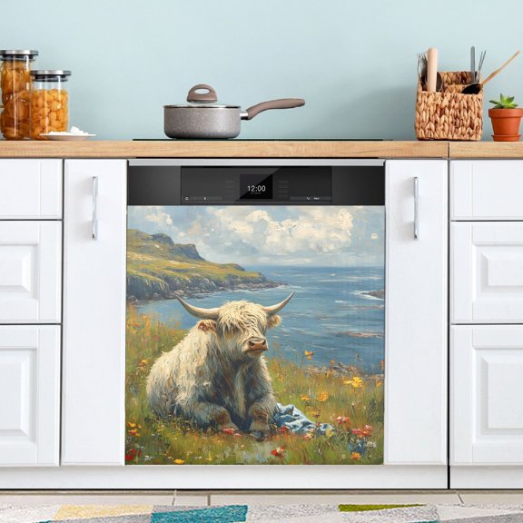 Highland Bull Wave Dishwasher Magnet Cover Reuseable Refrigerator Magnet Cover Decal Kitchen Fridge Microwave Stickers Hoilday Party Decor 23 x 26 inch