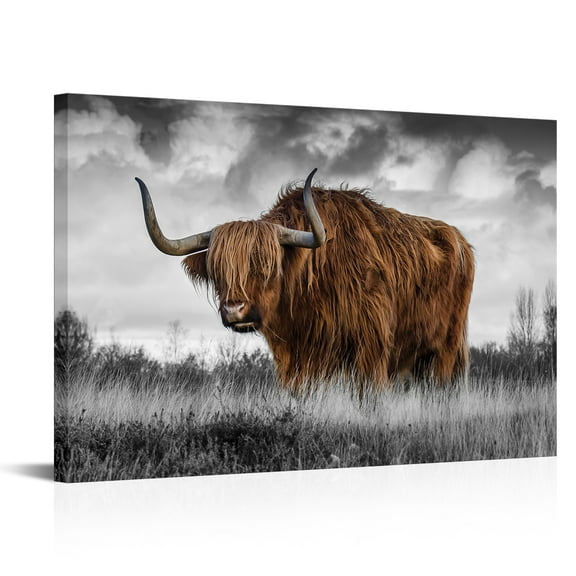 Highland Calf Bull In The Mountain Canvas Art Print Stretched Framed Painting Picture Poster Giclee Wall Decor - 24" x 36"