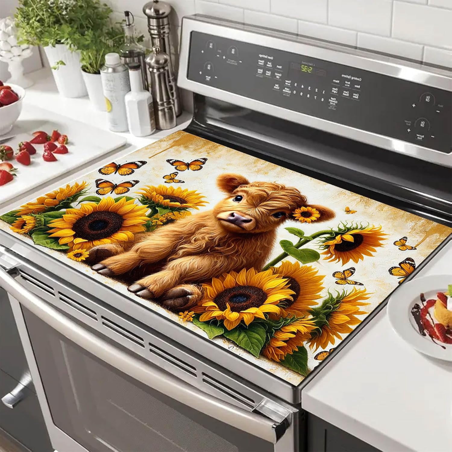 Highland Calf Stove Top Cover for Electric 28x20 Inch Diatomite Kitchen Decor Glass Cooktop Protector Heat Resistant Countertop Mat with Sunflower and Butterfly Design