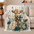 thumbnail image 1 of Highland Calf with Teal Bow and Butterflies, Elegant Watercolor Style for Farmhouse Lovers, Cozy Floral Calf Scene, Flannel Blanket for Bedroom and Cabin, Housewarming Gift and Farm Home Decor, 1 of 9
