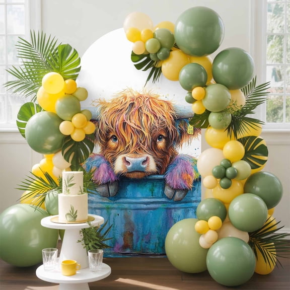 Highland Cattle Arch Backdrop Cover, 6FT, Farmhouse Cow Funny Animal Spandex Arch Covers Double-Sided Backdrop for Wedding Birthday Party Photo Background Decoration