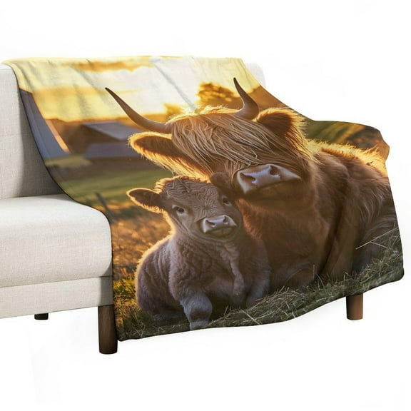 Highland Cattle with Baby Cow Sunset Super Soft Blanket Christmas Throw Blanket Flannel Microfiber Blankets for Couch Bed Sofa Fluffy and Warm 30"x40"