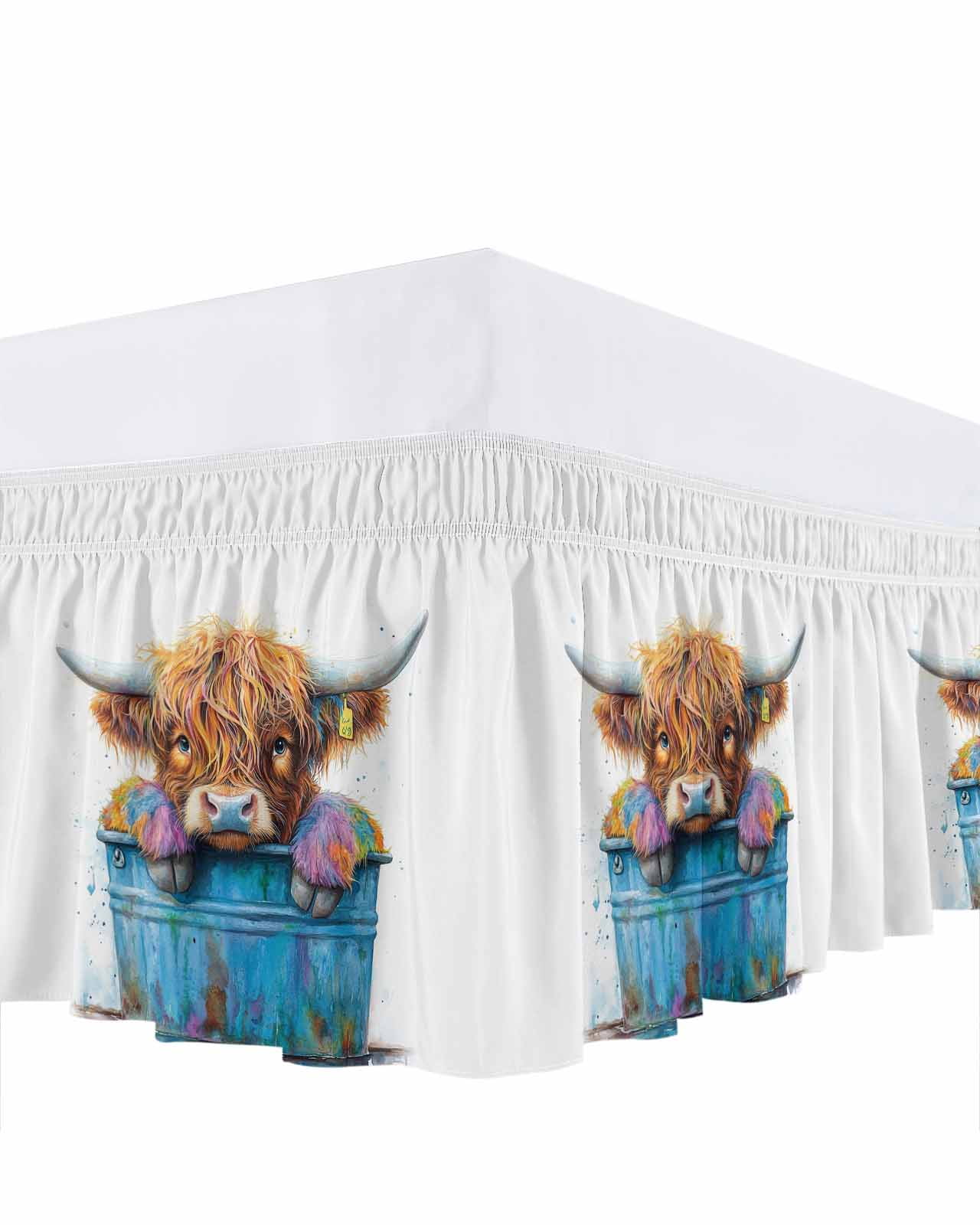 Highland Cattle Bed Skirt Farmhouse Cow Funny Animal Bed Skirts Queen Size 18 Inch Drop, Wrap Around Dust Ruffle&nbsp;Bedskirt with Adjustable Elastic Belt for Queen Size Beds