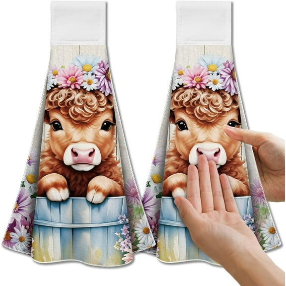 Highland Cattle and Daisy Hanging Kitchen Towels with Loop Set of 2-Soft Super Absorbent Microfiber Decorative Hanging Dish Hand Towel Tea Coffee Towel for Kitchen Bathroom Oven Handle