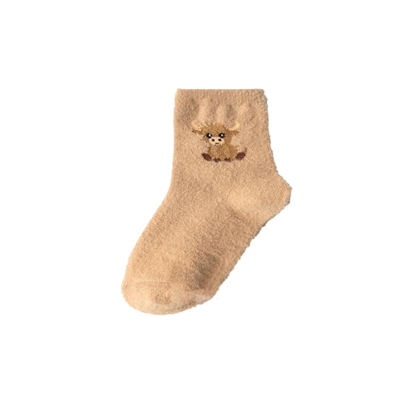 Highland-Cattle Design Slipper Socks for Women, Fluffy Warmer Socks, Cozy Animal Christmas Socks for Highland Cattle Lovers, Cow Pattern Cotton Socks Crew Socks, Soft Fleece Socks Floor Socks (Khaki)