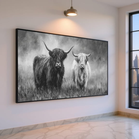 Highland Cattle Duo Black And White Cow Rustic Farm Animal Country Home Stately Bull