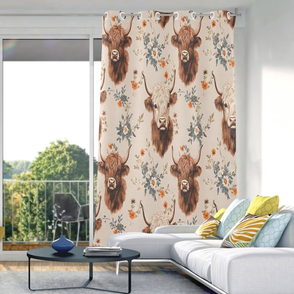 Highland Cattle Floral Blackout Curtains 84"x52" Thermal Insulated Curtain 1 Panel