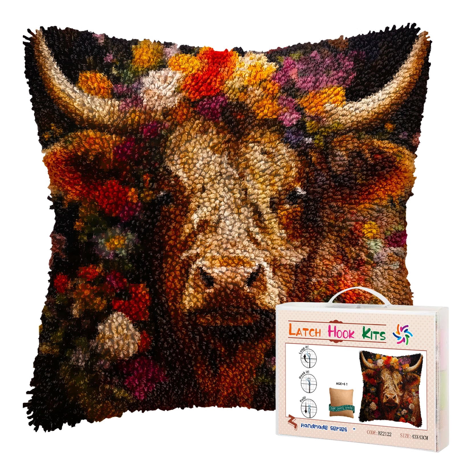 A Highland Cattle in Flowers Wreath DIY Latch Hook Pillow Kits for Adults Printed Pillowcase Crochet Yarns Hooking Handmade Pillow Cover Cushion for Home Sofa Decoration 17x17inch