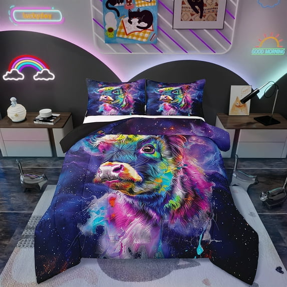 Highland Cattle Full Size Comforter Set Purple Galaxy Bedding Set, Blue Butterfly Down Comforter Kawaii Cow Bull Bed Set, Univers Glitter Stars Quilted Duvet