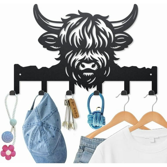Highland Cattle Key Holder Wall Mount 15.79.8inch Bullhead Animal Metal Towel Hook Coat Hanger with 6 Hooks Black Cow Wall Decorative Key Rack for Entryway Hallway Farmhouse