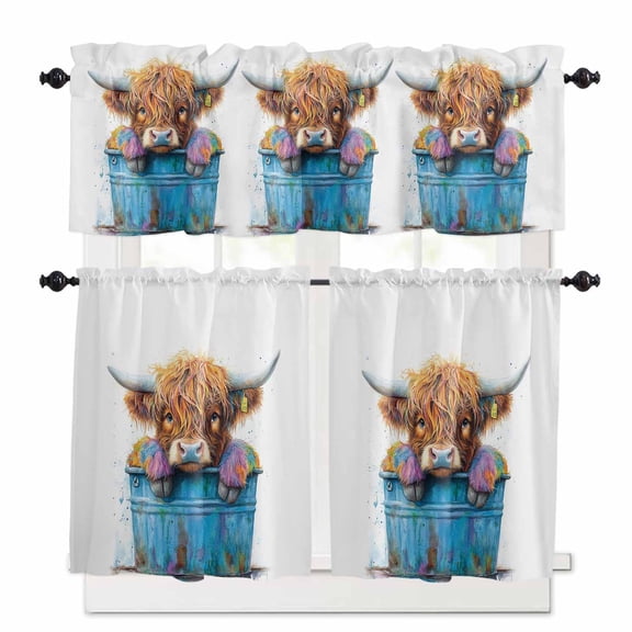 Highland Cattle Kitchen Curtains and Valances Set, Farmhouse Cow Funny Animal Rod Pocket Window Valance 18 Inch Window Curtain Panels for Living Room Bedroom Laundry, 27.5x36in, 3 Pieces