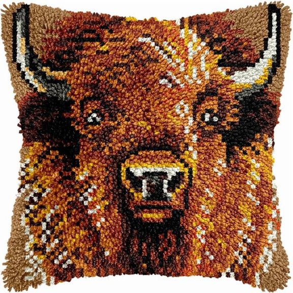 Highland Cattle Latch Hook Pillow Kits Pillow Cover Pattern PrintedCanvas Crochet Knitted Hooking Pillowcase Cushion Crafts Embroidery Latch Hooking Crochet Kits Set 17x17 inch(90)