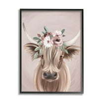 Highland Cattle Pink Flower Crown Animals & Insects Graphic Art Black Framed Art Print Wall Art