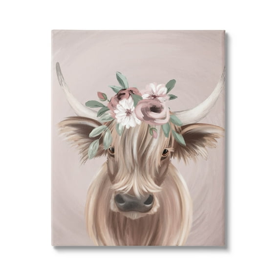 Highland Cattle Pink Flower Crown Animals & Insects Graphic Art Gallery Wrapped Canvas Print Wall Art