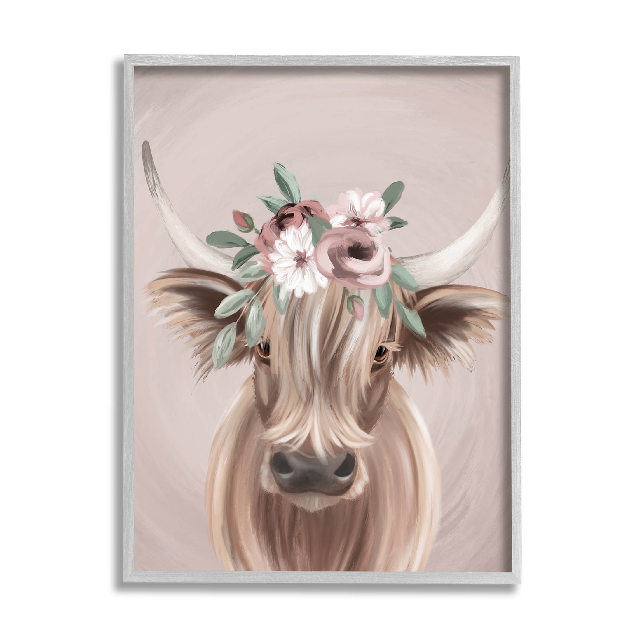 Highland Cattle Pink Flower Crown Animals & Insects Graphic Art Gray Framed Art Print Wall Art